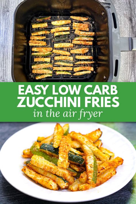 white plate with keto zucchini air fryer frees and text Keto Zucchini Fries Air Fryer Recipes, Zuchini Air Fryer Recipe Keto, Airfryer Zucchini Fries, Zucchini Air Fryer Recipes, Air Fry Zucchini, Keto Air Fryer Zucchini, Zucchini Fries Air Fryer, Zucchini Fries Healthy, Airfryer Zucchini