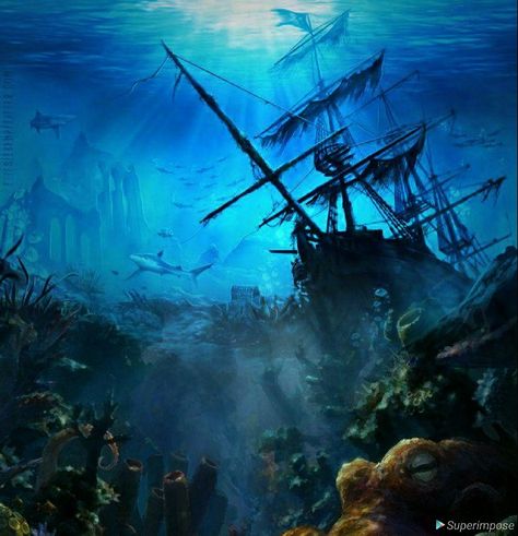 Pirate Ship Underwater, Sunken Ship Tattoo Shipwreck, Underwater Shipwreck Art, Sunken Ship Drawing, Ships Underwater, Ship Wreck Tattoo, Shipwreck Art, Ship Underwater, Shipwreck Tattoo