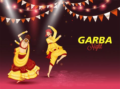 Illustration of couple dancing on occasion of garba night celebration concept Premium Vector | Premium Vector #Freepik #vector #background #banner #flyer #poster Garba Night Poster, Garba Invitation Card, Garba Dance Photography, Dandiya Night Poster, Garba Background, Garba Poster, Navratri Garba Photo, Garba Images, Garba Photo