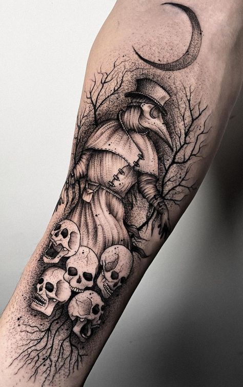 Plauge Doctor Tattoo Cute, Plague Doctor Tattoo Sleeve, Spooky Shin Tattoo, Black Plague Tattoo, The Plague Doctor Tattoo, Plague Doctor Tattoos, Creepy Sleeve Tattoo, Plague Doctor Tattoo Creepy, Unique Gothic Tattoos