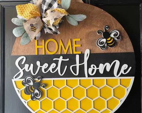 Bee Door Hanger Beehive Door Hanger Bee Decor Honeybee | Etsy Bee Door Hanger, Bunny Door Hanger, Bee Sign, Bee Lover Gifts, Wooden Porch, Summer Door Hanger, Wood Signs For Home, Wooden Door Hangers, Bee Crafts