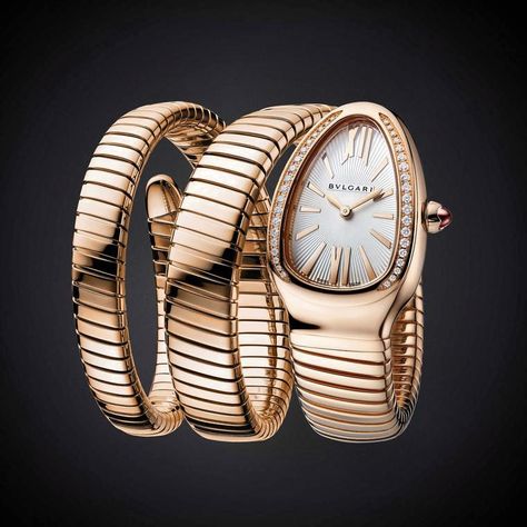 Bvgari-Tubogas-serpenti-watch-in-pink-gold-double-twist. Serpenti Tubogas Watch, Bulgari Watch, Gold Diamond Watches, Double Twist, Bvlgari Serpenti, Twisted Bracelet, Snake Design, Roman Numeral, Gold Crown