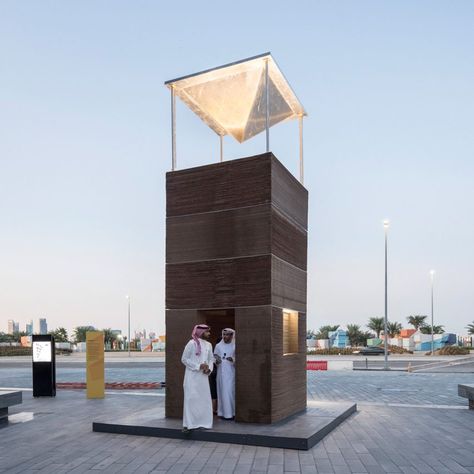 MAS Architecture Studio's wind tower keeps visitors cool without air-conditioning Wind Tower, Installation Architecture, Dubai Design Week, Dubai Design, Passive Cooling, Wind Catcher, Cooling Tower, New Architecture, Tower Building