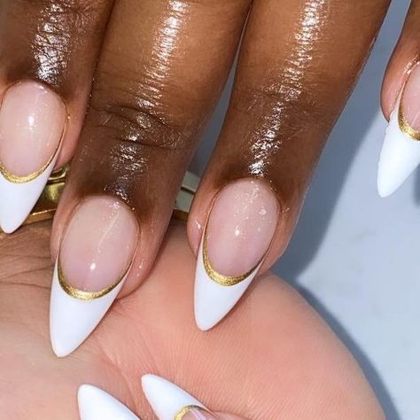 Alison Truong on Instagram: "fen tip wit a tist 🙃 #handpainted #frenchtipnails #nailart #nails #dallasnailtech #dallasnails #dallas" Natural Looking Wedding Nails, Metallic White French Tip Nails, Fall Almond Nails Ideas French Tip, Almond French Tip Design, Gold Wedding Nails For Bride, Chrome French Tip Nails With Pearls, White French Tip With Gold Chrome, Gold French Pedicure, White Metallic Nails French Tips