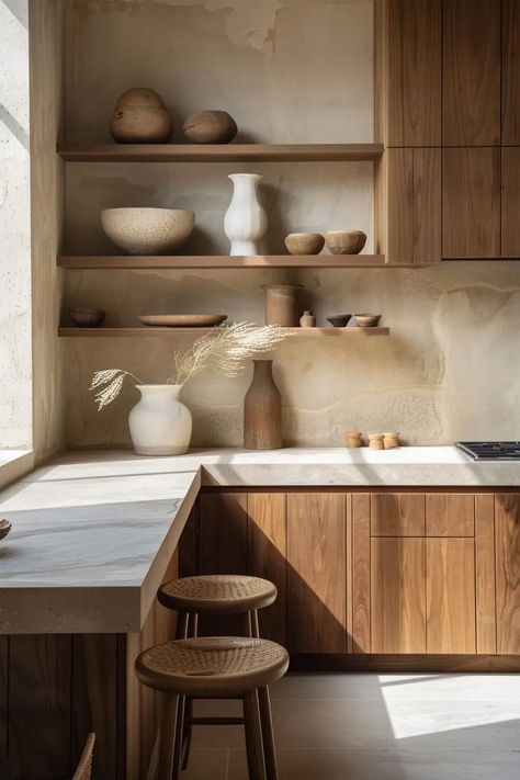 Japandi home decor in kitchen space with carefully curated accessories Japandi Interiors Kitchen, Japandi Kitchen Ideas, Kitchen Wood Design, Wooden Aesthetic, Japandi Style Kitchen, Japandi Kitchen Design, Japandi Kitchen, Japandi Interior Design, Minimalist Space