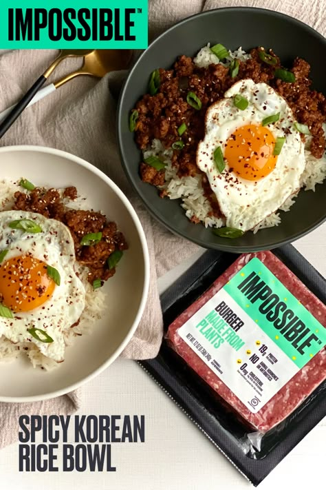 Two servings of Impossible Food's Spicy Korean Bowl recipe made with Impossible Burger, meat made from plants. This recipe is served over fluffy white rice and top with chopped onions, sesame seeds and a fried egg. Korean Rice Bowl Recipe, Pao Recipe, Korean Rice Bowl, Impossible Burger, Korean Rice, Rice Bowls Recipes, Spicy Korean, Foods Recipes, Bbc Good Food Recipes