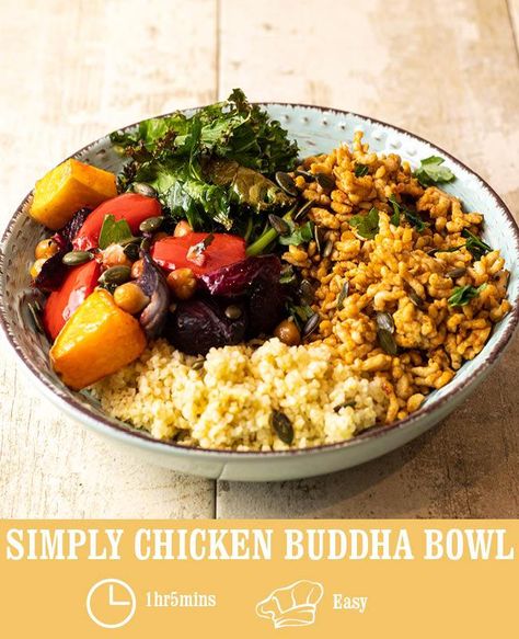 Simply Chicken Buddha Bowl Pasta Chicken Bake, Chicken Buddha Bowl, Veggie Bowls, Pasta Chicken, Chicken Bake, Delicious Lunch, Veggie Bowl, Buddha Bowl, Fries In The Oven