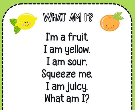 Read and the guess the following passages about fruits. Enjoy answering and reading these FRUIT RIDDLES.  Example: What am I? I am a fruit. ... Fruit Rhymes Preschool, What Am I, English Poems For Kids, Reading Comprehension Kindergarten, Kindergarten Reading Activities, Reading Comprehension Lessons, English Activities For Kids, Phonics Lessons, Phonics Kindergarten