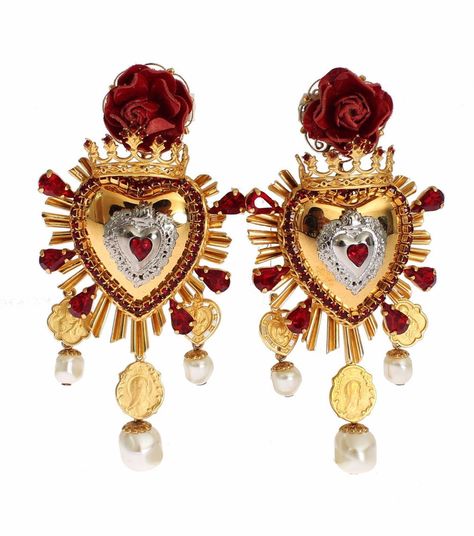 DOLCE & GABBANA Runway Sacro Cuore Sacred Heart Earrings Sold Out. Sacred Heart, Heart Earrings, Jewelry Ideas, Roses, Fine Jewelry, Brass, Red, Gold, White