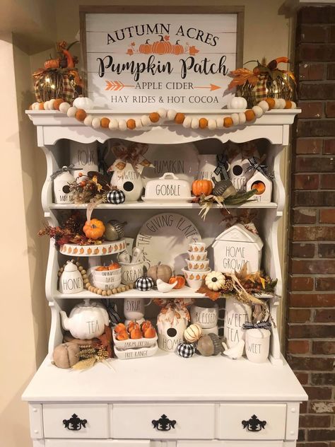 Thanksgiving Hutch Decor, Rae Dunn Fall Decor, Fall Hutch Decor Ideas Farmhouse, Fall Hutch Decor Ideas, Kitchen Hutch Decor, China Hutch Decor, Fall Shelf Decor, Rental Home Decor, Hutch Decor