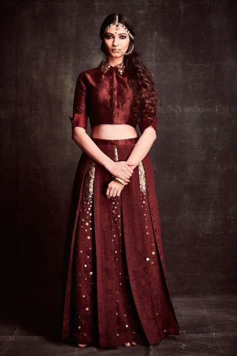 Lehenga Skirt Design, Collar Crop Top Lehenga, Sequence Skirt And Blouse, Indowestern Blouse Designs, Chaniya Choli Designs Weddings Fashion Styles, Brown Lehenga Chocolate, Lehenga Skirt Designs, Box Pleat Lehenga, Brown Lengha