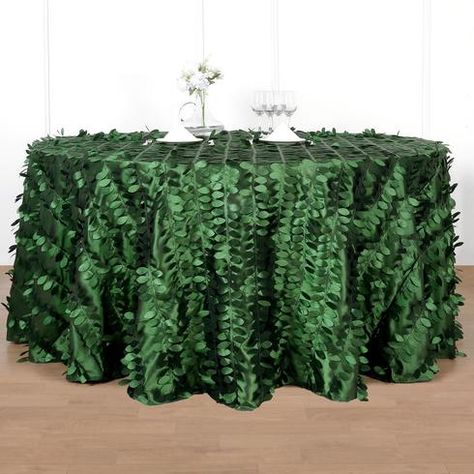 120" Leaf Petal Taffeta Tablecloth Round - Green | eFavorMart Tablecloth Round, Table Overlays, Party Table Settings, Theme Nature, Tablecloth Sizes, Event Table, Mantel Redondo, Forest Theme, Nature Themed