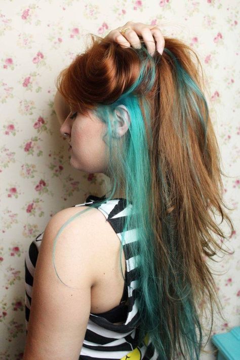 Ginger Hair With Blue Underneath, Red Hair Green Highlights, Ginger Hair With Blue Streaks, Peekaboo Hair Color Ginger, Ginger And Teal Hair, Ginger Hair With Blue Highlights, Blue And Ginger Hair, Copper And Teal Hair, Ginger And Blue Hair