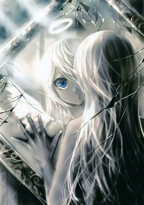 Anime angel looking at mirror #anime #manga Anime Body, Ange Demon, Art Manga, Angel Face, Angels And Demons, 영감을 주는 캐릭터, I Love Anime, Anime Angel, Awesome Anime