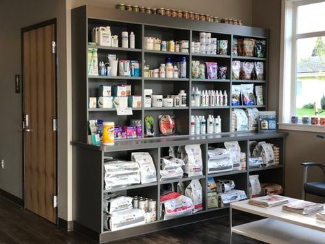 Veterinary Retail Display, Veterinary Pharmacy Organization, Veterinary Clinic Design Receptions, Vet Clinic Organization, Veterinary Clinic Ideas, Veterinary Pharmacy Design, Vet Clinic Ideas, Vet Clinic Pharmacy Organization, Veterinary Hospital Organization