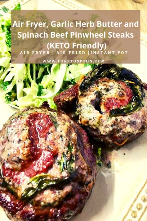 Air Fryer, Garlic Herb Butter and Spinach Beef Pinwheel Steaks (KETO Friendly) Beef Flank Steak Recipes Air Fryer, Beef Pinwheels How To Cook, Beef Florentine Pinwheels, Steak Pinwheels In Air Fryer, Pinwheel Steak How To Cook, Beef Pinwheel Recipes, Pinwheel Steak, Air Fryer Pinwheels, Beef Pinwheels