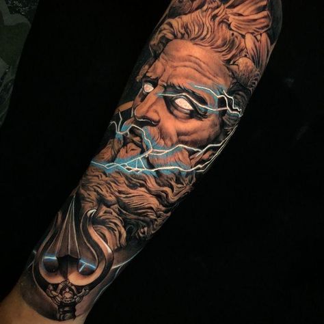 Zeus Arm Tattoo Men, Greek God Forearm Tattoo Men, Zeus Forearm Tattoo Men, Zeus Shoulder Tattoo Men, Zeus Half Sleeve Tattoo, Greek Mythology Sleeve Tattoo Men, Zeus Hand Tattoo, Posiden Tattoo Sleeve, For Arm Tattoo For Men