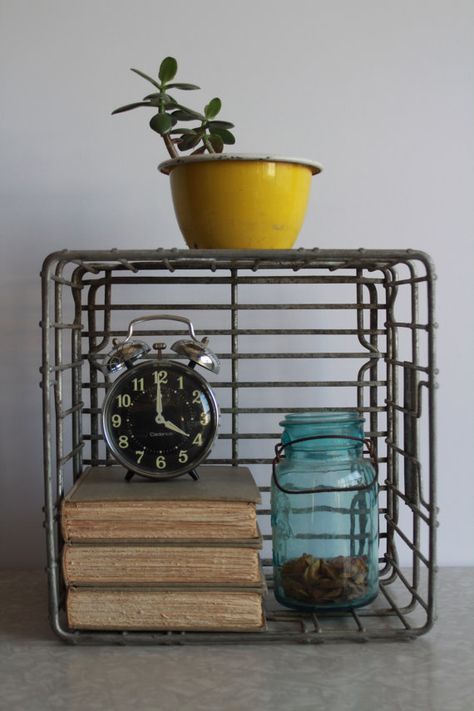 Organizing With Milk Crates, Vintage Milk Crate Ideas, Metal Crate Decor Ideas, Milk Crate Dorm Ideas, Metal Milk Crate Ideas, Metal Basket Decor Ideas, Vintage Metal Milk Crate Ideas, Shelf Upcycle, Crate Shelves Milk