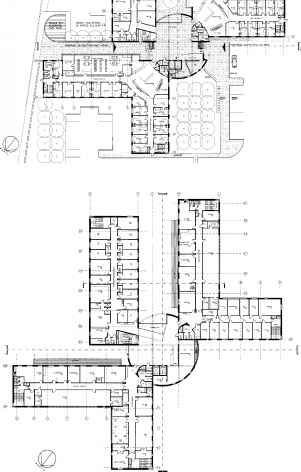 Figure 11.100 Musselburgh Primary Care Centre: ground and first floor plan. Architect: Campbell & Arnott Ltd. Rehab Center Floor Plan, Primary Health Care Centre Plan, Health Center Architecture Concept, Hospital Plan Design, Hotel Ground Floor Plan, Health Care Design, Green Hospital, Hospital Plan, Rehabilitation Center Architecture