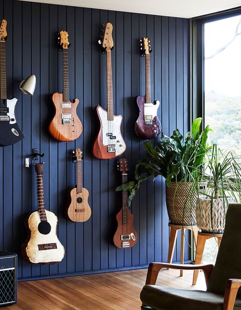 Office Music Room, Emma Clark, Music Room Design, Home Music Rooms, Guitar Room, Mid Century Home, Music Studio Room, Music Room Decor, Deco Studio