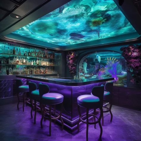 Fantasy Lounge Concept Art, Ocean Bar Design, Fantasy Nightclub, Underwater Kitchen, Bathroom Aquarium, Fantasy Bar, Home Decor Ideas Paint, Modern Aquarium, Home Decor Bedroom Ideas