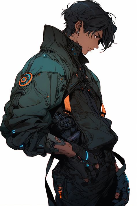 Fantasy Poses Male, Male Character Design Sci Fi, Cyberpunk Technician, Police Character Design Male, Mechanic Character Art, Cyberpunk Character Concept Art, Space Pilot Character Design, Cyberpunk Anime Oc, Mech Pilot Character Art