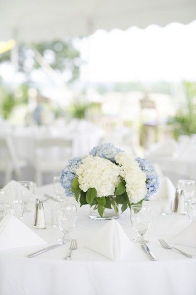 A Beach Wedding feat. blue hydrangea Hydrangea Blue Centerpiece, Blue Spring Wedding Flowers, Blue Wedding Flowers Bouquet White Hydrangeas, Hydrangea Wedding Centerpieces Simple, Wedding Centre Piece Ideas Long Tables, Hydrangea Centre Pieces, Hydrangeas At Wedding, White Rose And Blue Hydrangea Bouquet, Coastal Connecticut Wedding