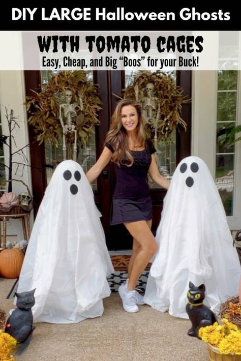 Tomato cage ghosts are the perfect addition to your Halloween decorations. This easy DIY project costs little to make but gives big "boos" for your buck! Diy Outdoor Light Up Ghost, Diy Outdoor Scarecrow Decoration, Cheap Porch Halloween Decorations, How To Make Yard Ghosts, Ghost Front Door Decor, Diy Halloween Decorations For Yard, Diy Ghost Yard Decoration, Tomato Basket Ghost, Ghost Outside Decorations