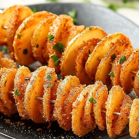 Tornado Potatoes - Insanely Good Tornado Potatoes, Spiral Potato, Tornado Potato, Cheese Dipping Sauce, Metal Skewers, Parsley Potatoes, Garlic Aioli, Spiral Shape, Peeling Potatoes