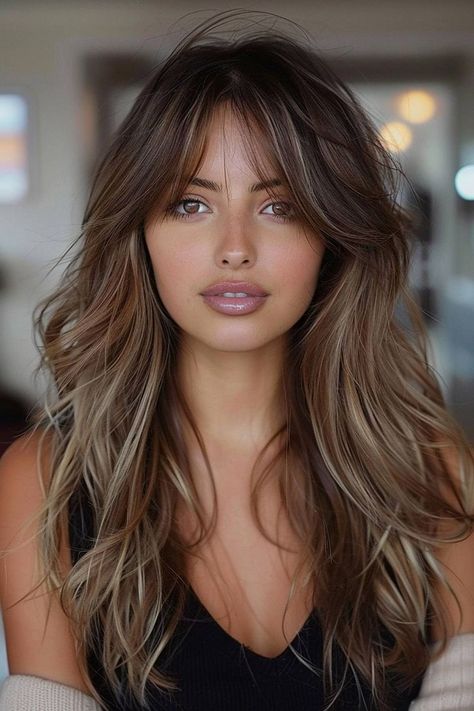 Stylish long waves with face-framing curtain bangs for an effortlessly elegant update Waves With Curtain Bangs, Rambut Brunette, Boring Hair, Long Brown Hair, Long Hair With Bangs, Long Wavy Hair, Haircuts For Long Hair, Curtain Bangs, Long Hair Cuts