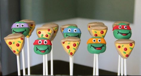 Teenage Mutant Ninja Turtle Cake Pops, Tmnt Cake Pops, Turtle Cake Pops, Ninja Turtle Cake Pops, Ninja Turtle Theme Party, Ninja Turtle Birthday Cake, Turtle Birthday Cake, Ninja Turtles Cake, Teenage Mutant Ninja Turtle Cake