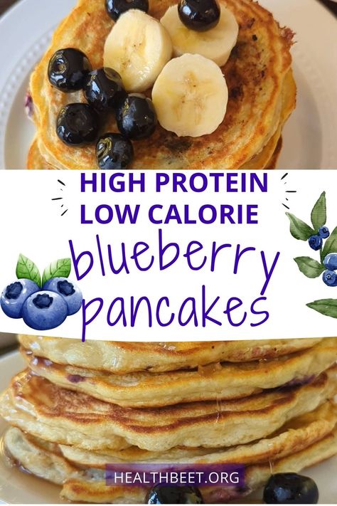 Made with egg whites, protein powder, and a banana, this low calorie, high protein blueberry pancakes hits the spot! A sweet way to start your day with 30 grams of protein and 250 calories. Ww Protein Pancakes, Best High Protein Low Calorie Foods, High Protein Low Calorie Breakfast Prep, Low Cal High Protein Pancakes, High Protein Kodiak Pancakes, 1st Phorm Protein Recipes, Low Cal High Protein Recipes Breakfast, Homemade Protein Pancakes, Healthy Banana Recipes Low Calories