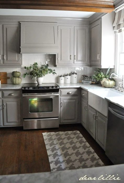 Darker Gray Cabinets and Our Marble Review - Dear Lillie Studio Cheap Small Kitchen, Kabinet Dapur, Cabinets Ideas, Gray Cabinets, Farmhouse Kitchen Cabinets, New Kitchen Cabinets, Grey Kitchen Cabinets, Kitchen Decorating, Grey Cabinets