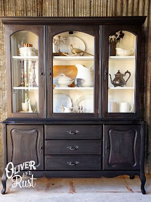 Painted China Hutch, Black China Cabinet, China Cabinet Redo, China Cabinet Makeover, Painted China Cabinets, Redo Cabinets, General Finishes Milk Paint, Medicine Cabinets, Cabinet Makeover