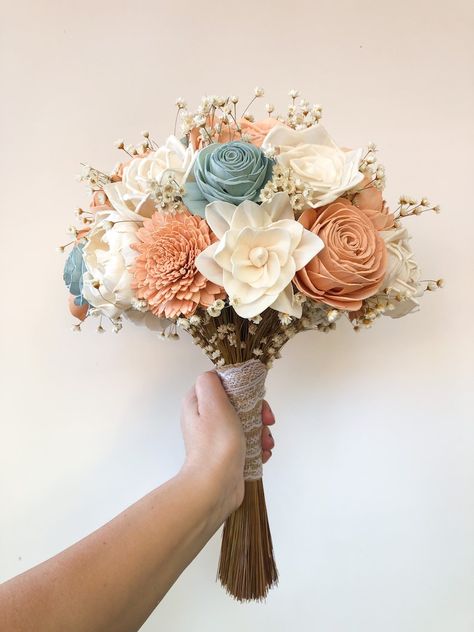 Youre Dreamy Collection Peach Steal Blue and Ivory Wood | Etsy Apricot Flowers Wedding, Dusty Blue And Peach Bouquet, Steel Blue And Peach Wedding, Peach And Blue Wedding Cake, Blue And Apricot Wedding, Peach And Blue Wedding Flowers, Dusty Blue And Peach Wedding Theme, Teal And Peach Wedding, Light Blue And Peach Wedding