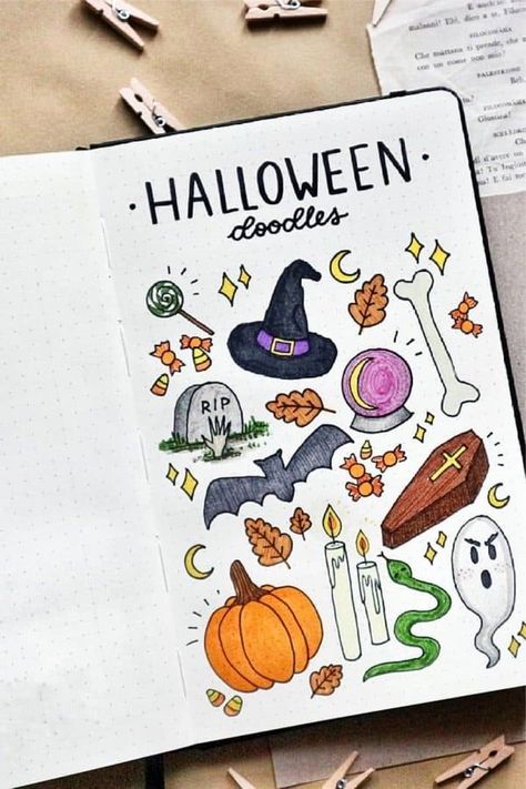 These halloween doodles are too cute! 👻 Check out the rest of the list of more inspiration! Bullet Journal Halloween, Journal D'inspiration, Crazy Laura, Halloween Doodles, Doodle Inspiration, Halloween 2022, Bullet Journal Themes, Halloween Drawings, Journal Themes