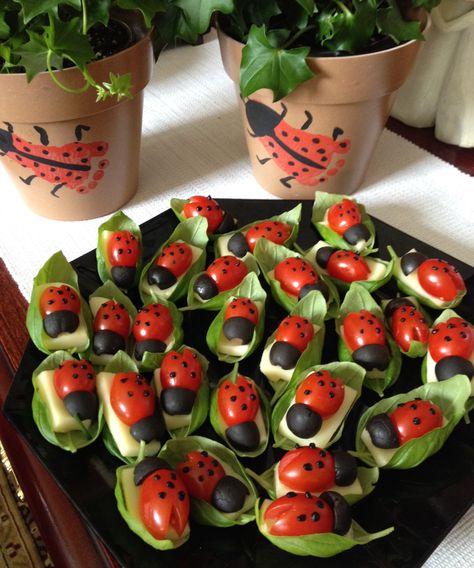 Ladybug appetizers. Sliced mozzarella on a basil leaf. Topped with a cherry tomato for the body and a black olive for the head. The spots are made from cream cheese with black food colouring. Finish them off with an olive oil and balsamic reduction drizzle. Miraculous Ladybug Party Snacks, Ladybug Appetizers, Ladybug Food, Fairy Food, Basil Leaf, Food Art For Kids, Catering Ideas Food, Charcuterie Inspiration, Balsamic Reduction