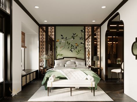 INDOCHINE STYLE | TOWNHOUSE HAI PHONG on Behance Chinese Interior Design Traditional, Indochine Bedroom, Colonial Style Interior, Japanese Inspired Bedroom, Chinese Interior Design, Indochine Interior, Chinese Style Interior, Indochine Style, Bed Headboard Design