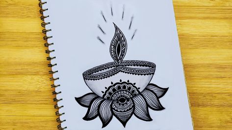 Diya Designs Diwali Drawing, Diwali Mandala Art Drawing Easy, Diwali Mandala Art Ideas, Mandala Art For Diwali, Diya Mandala Art, Diwali Mandala Art, Diya Drawing, Abstract Painting Easy, Diwali Drawing