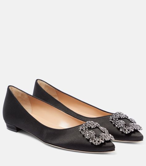 Hangisiflat embellished satin ballet flats in black - Manolo Blahnik | Mytheresa Manolo Flats, Manolo Blahnik Maysale, Manolo Blahnik Flats, Manolo Blahnik Blue, Satin Ballet Flats, Manolo Blahnik Black, Manolo Blahnik Hangisi, High End Shoes, Embellished Flats