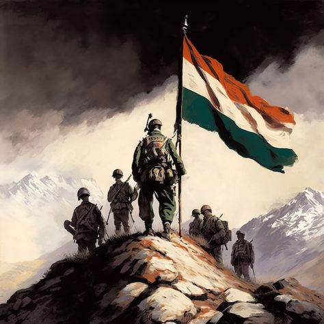 Kargil Vijay Diwas Painting, Kargil Vijay Divas, Kargil Diwas, India Illustration, Kargil Vijay Diwas, Army Drawing, Vijay Diwas, Soldier Drawing, Flag Drawing