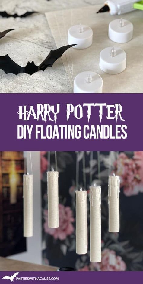 These easy DIY floating candles are lovely Harry Potter Halloween decorations, the perfect centerpiece for a wizarding birthday party or Harry Potter Baby Shower. Follow the simple tutorial at PartiesWithACause.com #harrypotterparty #tabledecorations #diycenterpiece Diy Floating Candles Halloween, Diy Harry Potter Halloween Decor, Harry Potter Floating Candles Diy, Harry Potter Party Decorations Diy, Harry Potter Decorations Diy, Harry Potter Birthday Decorations, Harry Potter Floating Candles, Floating Candles Halloween, Harry Potter Halloween Decorations