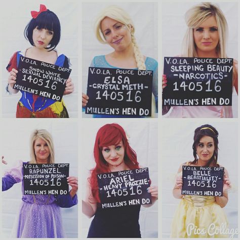 Disney gone bad mugshots hen doo snow white elsa sleeping beauty rapunzel Ariel belle Disney Princesses Gone Bad Costumes, Bad Disney Princess Costumes, Disney Gone Bad Costumes, Disney Princess Mugshots, Disney Princesses Gone Bad, Maddie Costume, Elsa Sleeping, Princess Gone Bad, Sleeping Beauty Halloween Costume