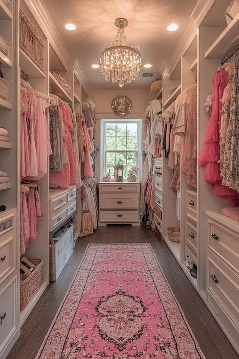 Princess Closet Aesthetic, Fashion Room Ideas Bedroom, Pink Closet Room, Pink Aesthetic House, Shabby Chic Closet, Two Story Closet, Pink Walk In Closet, Cozy Rustic Farmhouse, Girly Closet