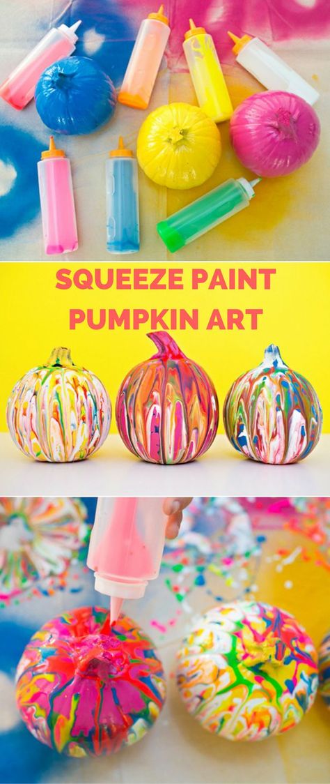 Squeeze Paint Pumpkin Art. Fun and easy no-carve pumpkin idea for kids. Paint Pumpkin, Decorate Pumpkins, Pumkin Decoration, Pumpkin Idea, Pumpkin Paint, No Carve Pumpkin Decorating, Easy Pumpkin Carving, Pumpkin Pumpkin, Halloween Pumpkins Carvings