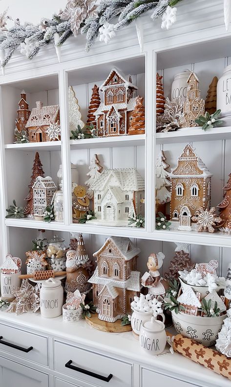 Neutral Christmas Village Display, Village Houses Christmas, Christmas Rae Dunn Hutch, White Christmas Tree Gingerbread Theme, Neutral Christmas Village, Christmas Decorations Gingerbread Theme, Neutral Gingerbread Display, Vintage Gingerbread Decor, Rae Dunn Gingerbread