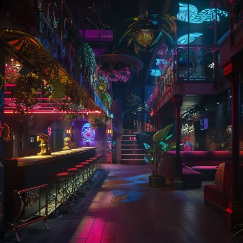 Night Club Exterior, Neon Cottagecore, Nightclub Interior, Nyc Nightclub, Neon Club, Urban Fantasy Art, Club Building, Nightclub Aesthetic, Nightclub Bar