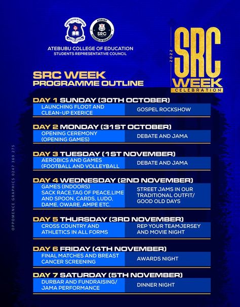 Atecoe SRC Week celebration program outline designed by Oppomence graphics in Ghana 0247369275 Program Flow Design, Tentative Program Design, Program Flow Pubmat, Program Outline Design, Week Celebration Flyer, Creative Calendar Design Layout, Events Calendar Design, Program Flow, Calendar Design Layout