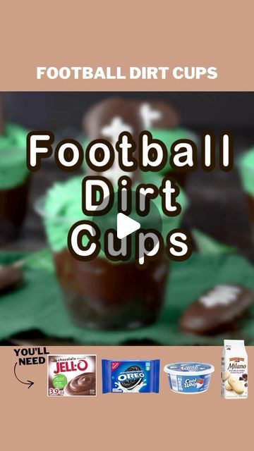 Beth Baumgartner on Instagram: "Football Themed Dirt Cups – a fun football dessert that’s perfect for your Super Bowl watch party! Dirt cups are known for their layers of Oreo crumbs and pudding, usually with a gummy worm or two. I swapped the worm for some green whipped cream to look like turf, and added a a Milano cookie dipped in chocolate to look like a football! Comment “football” for this recipe to be sent to your inbox! #blogger #food #foodblogger #dessert #michiganblogger #bakery #bakinggoals #ohmyyum #recipes #recipe #recipedeveloper #easyrecipe #superbowl #superbowlsnacks https://thefirstyearblog.com/football-themed-dirt-cups/" Football Dirt Cups, Football Banquet Desserts, Homemade Football Cake, Football Cookies Easy, Football Dessert Ideas, Cookie Dipped In Chocolate, Football Party Desserts, Football Charcuterie, Football Dessert