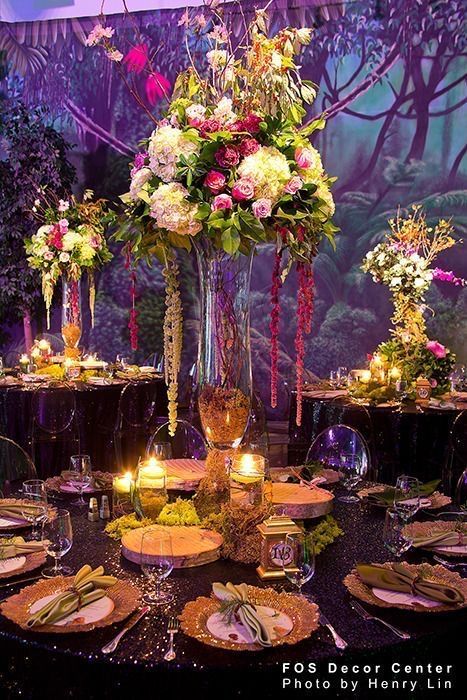 Forest Quince, Enchanted Forest Quinceanera Theme, Enchanted Forest Quinceanera, Enchanted Forest Decorations, Enchanted Forest Party, Tall Centerpiece, Enchanted Forest Theme, Alice In Wonderland Wedding, Wedding Backdrops